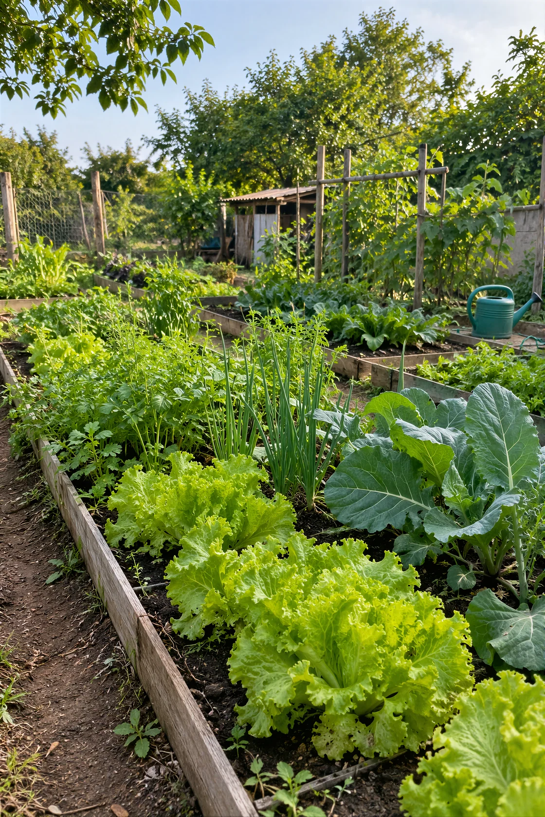 Horta com verduras e legumes cultivados em canteiros.