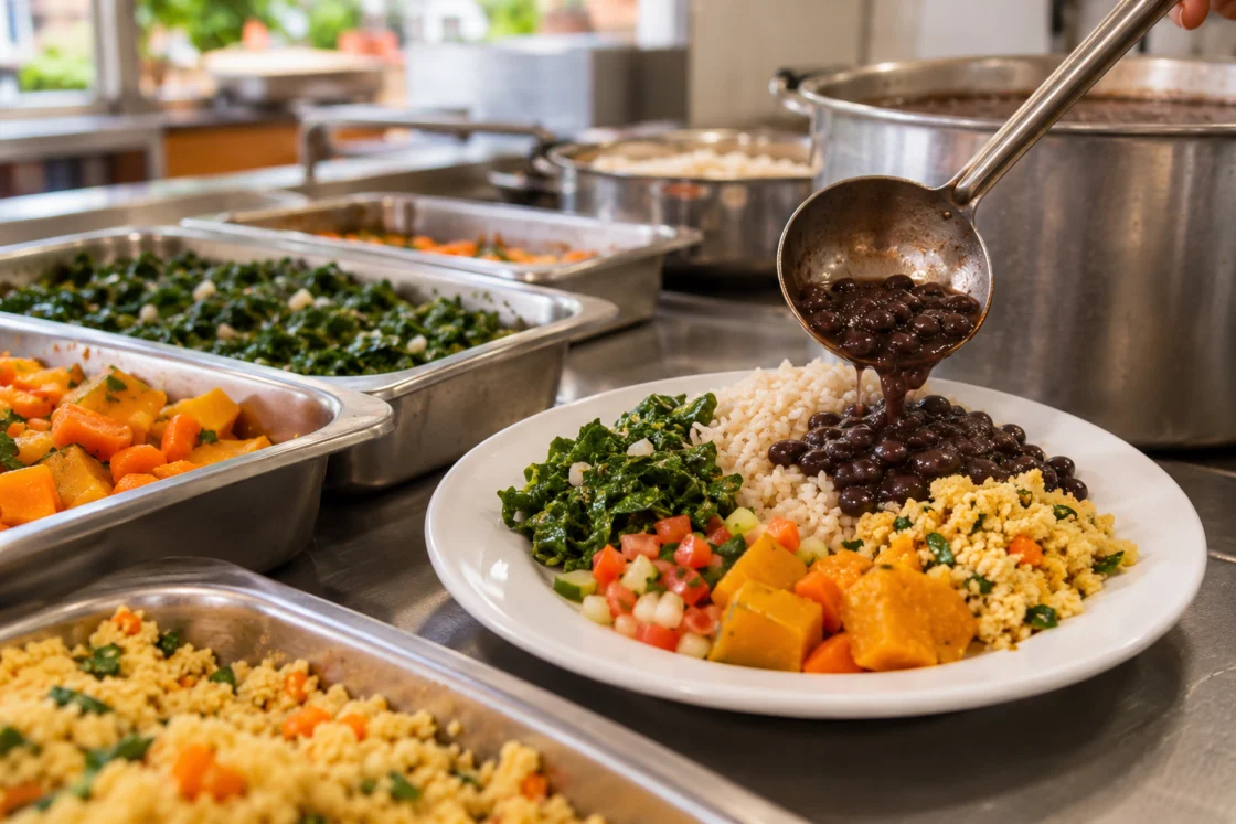 Refeição vegetal com arroz, feijão, verduras e legumes em ambiente de alimentação coletiva.