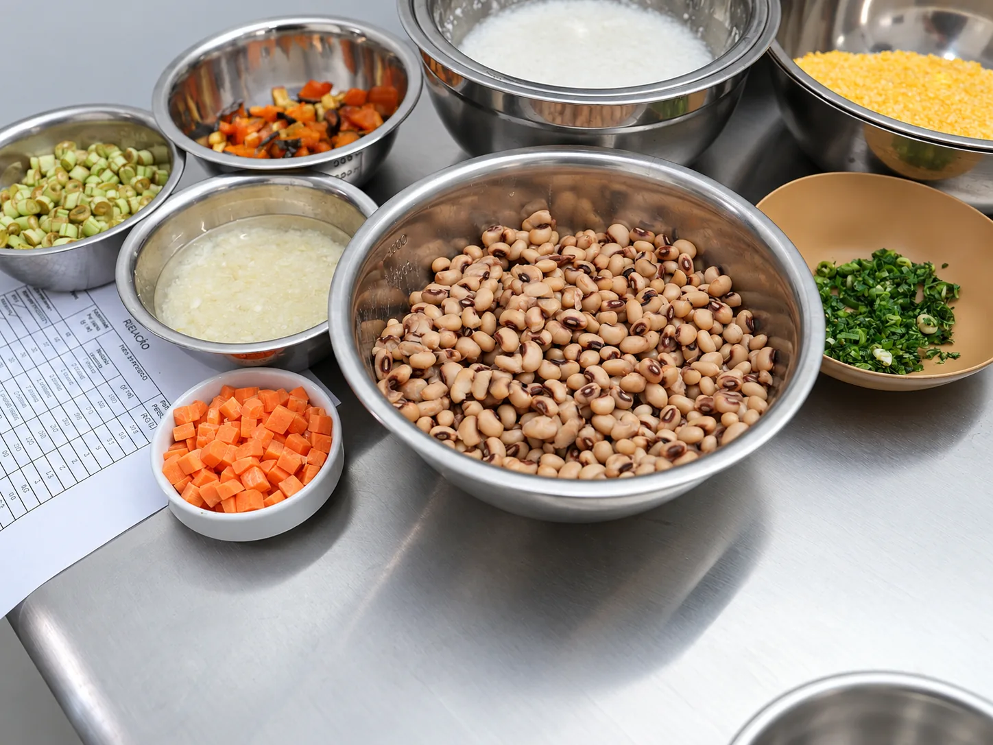 Feijão-fradinho e outros ingredientes vegetais organizados para preparo.